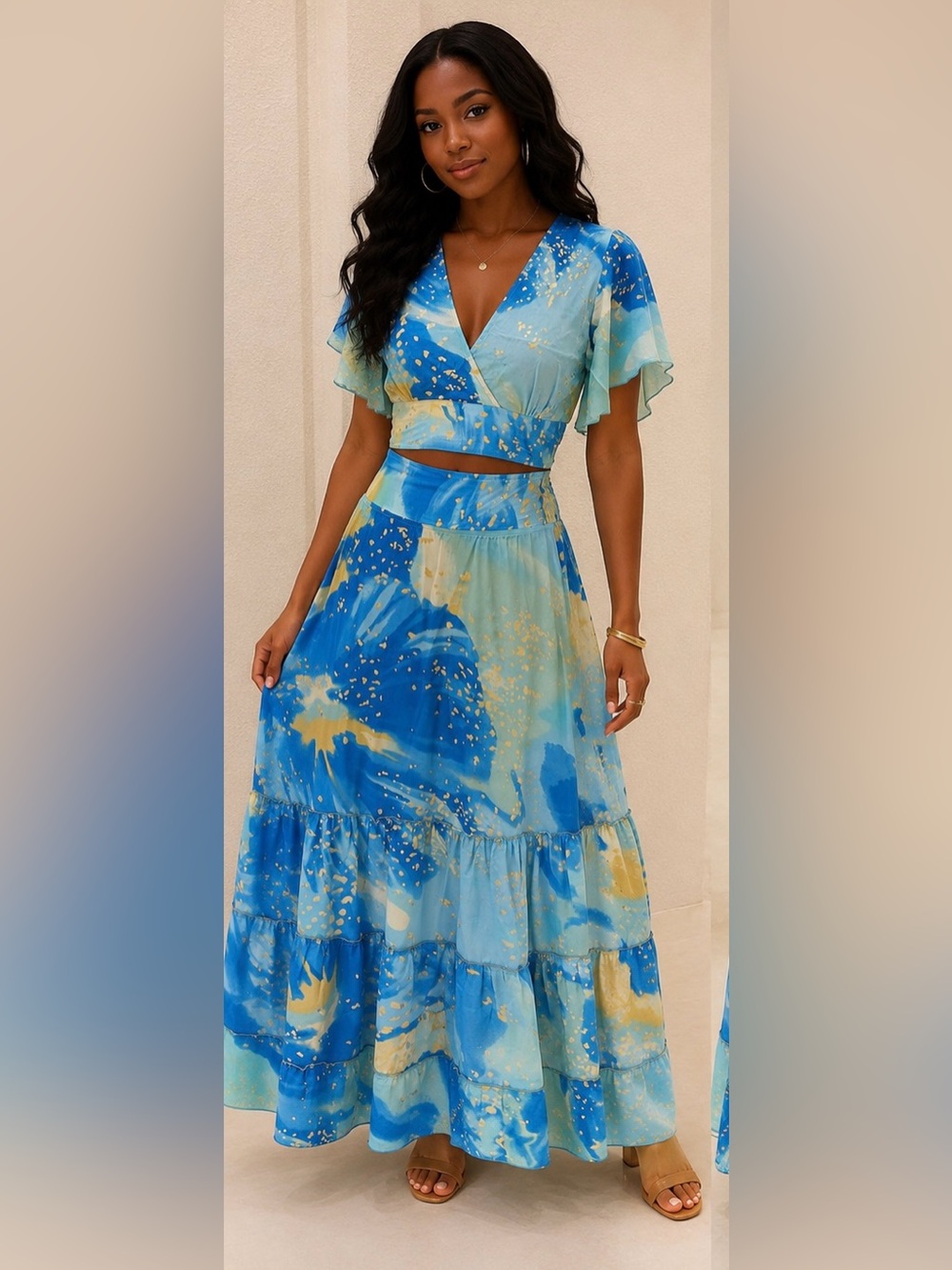 Blue Abstract Print Tiered Maxi Skirt Set